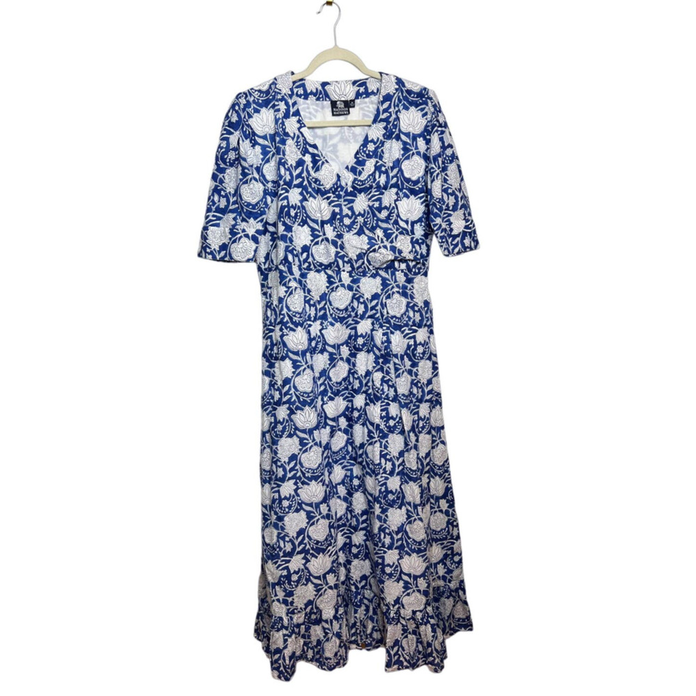 Madison Mathews Blue White Floral Short Puff Sleeve Maxi Dress Sz. M